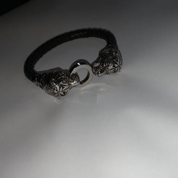 Nordic Style Braided Leather Stainless Steel Tiger Head Bracelet - Picture 3 of 9
